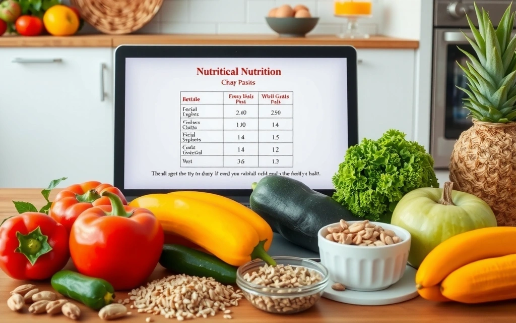 Aufgeschlagenes Buch oder Laptop umgeben von frischen Früchten und Gemüse, symbolisiert Wissen und gesunde Ernährung