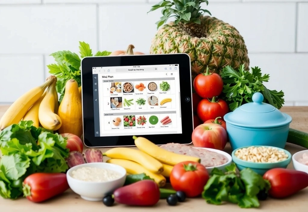 Ein detaillierter, farbenfroher Ernährungsplan auf einem Tablet, umgeben von frischen Zutaten wie Obst, Gemüse und Vollkornprodukten, symbolisiert eine personalisierte Ernährungsstrategie.