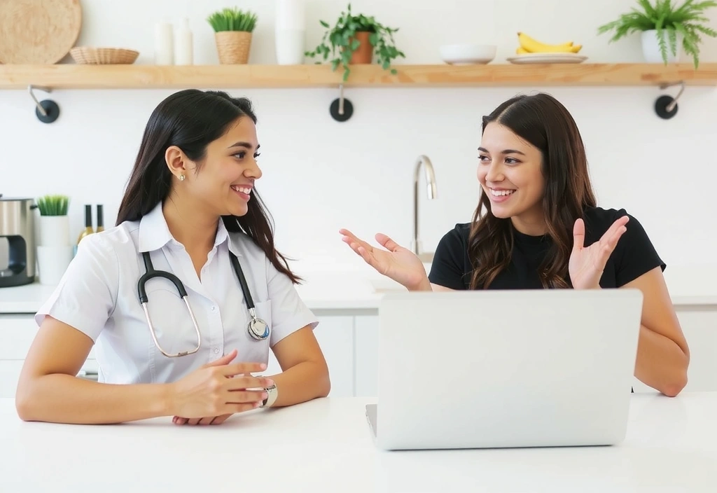 Eine lächelnde Ernährungsberaterin spricht ermutigend mit einem Klienten, der an einem Laptop sitzt, und demonstriert so die unterstützende Begleitung und das Coaching.