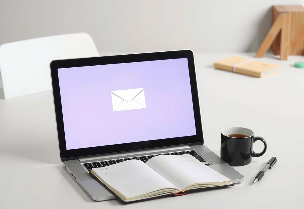 Offener Laptop mit einer E-Mail-Bestätigung auf dem Bildschirm, daneben ein Notizbuch und eine Tasse Kaffee.