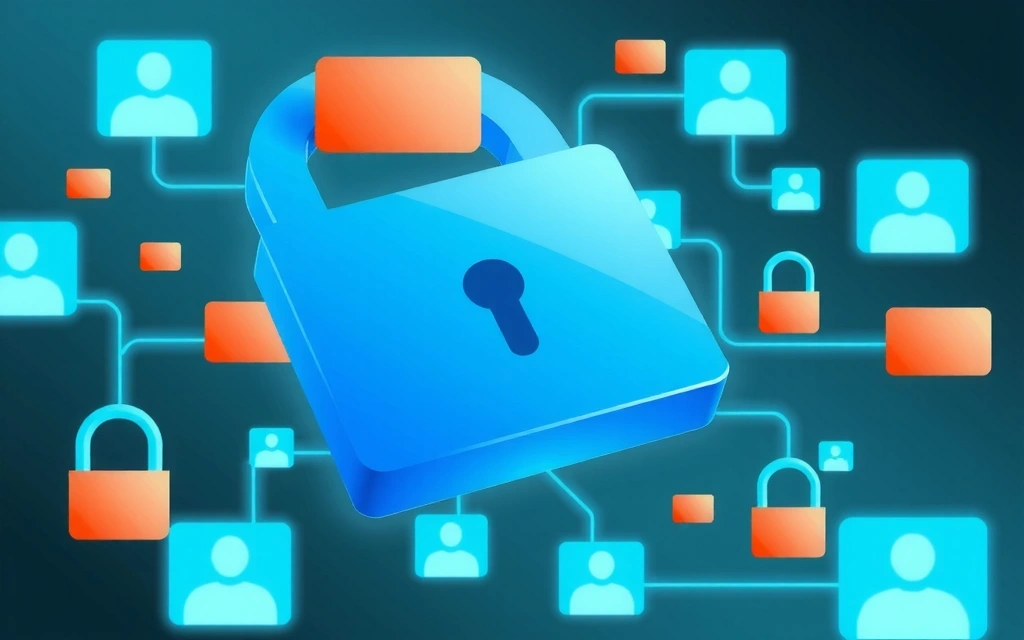 Datenschutz-Illustration: Ein stilisiertes Schloss vor einem digitalen Hintergrund mit Personendaten-Symbolen